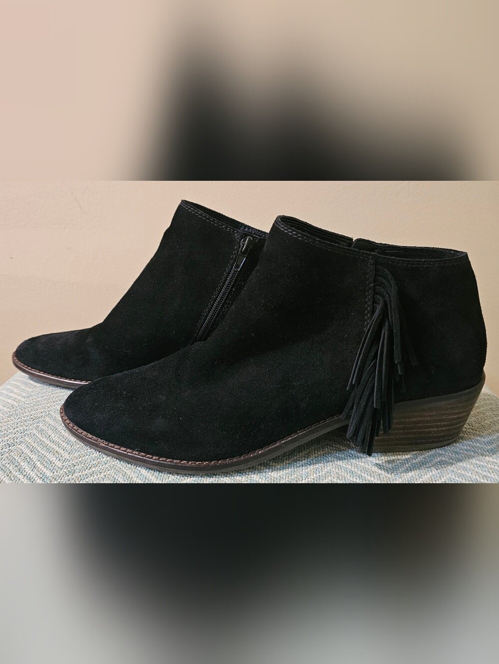 Black Suede Fringe Ankle Boot - Women's Low Heel Bootie